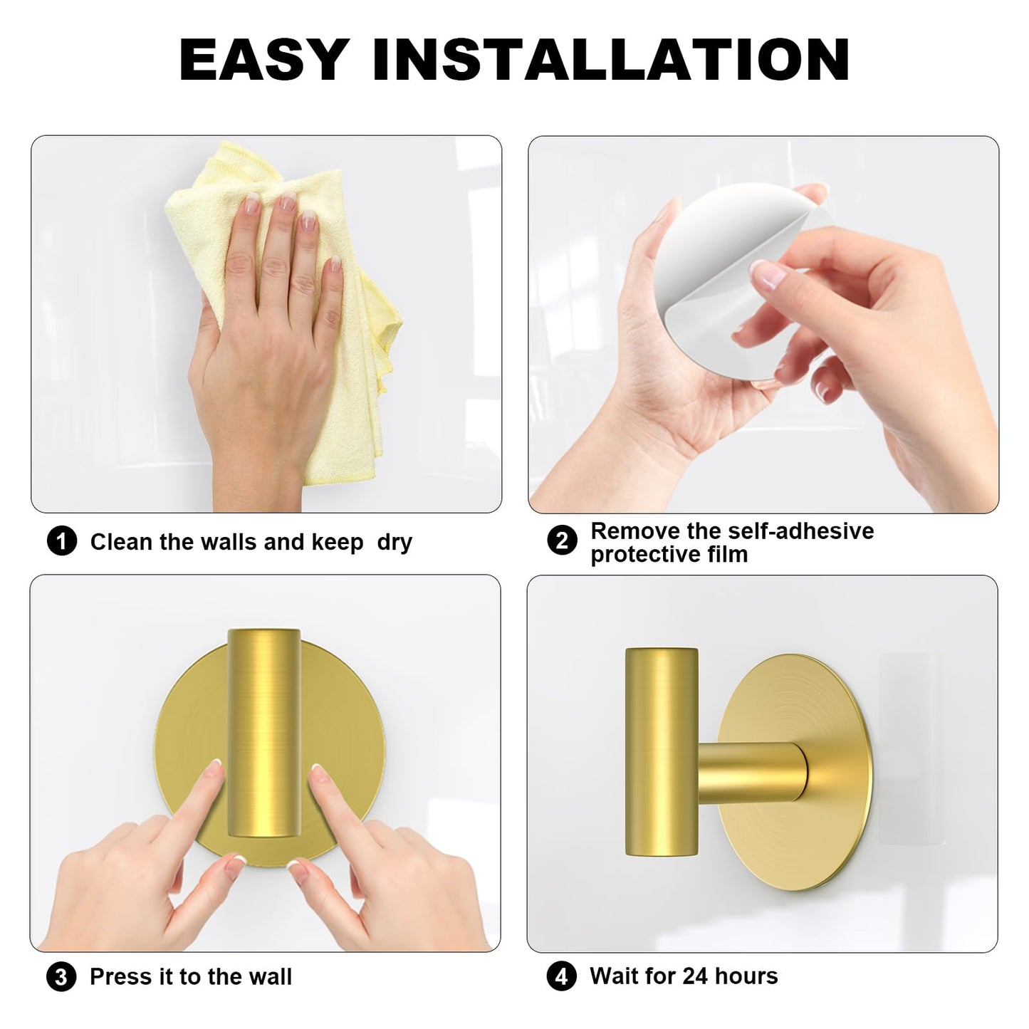 Adhesive Towel Hooks - 4 Pack (Gold)